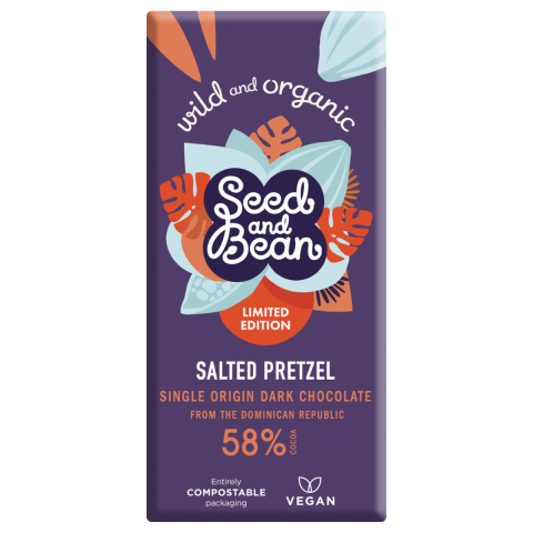 Seed and Bean   58% DARK CHOCOLATE ORGANIC SALTED PRETZEL 80G 